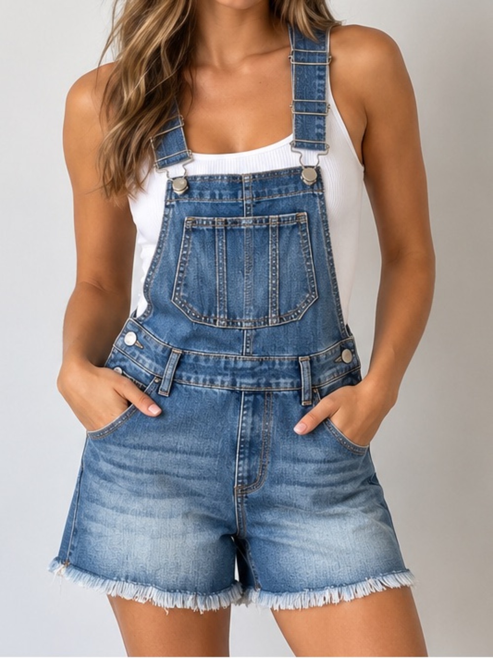 DD77 Denim Short Overalls | Size S | Adjustable Straps | Frayed Hem